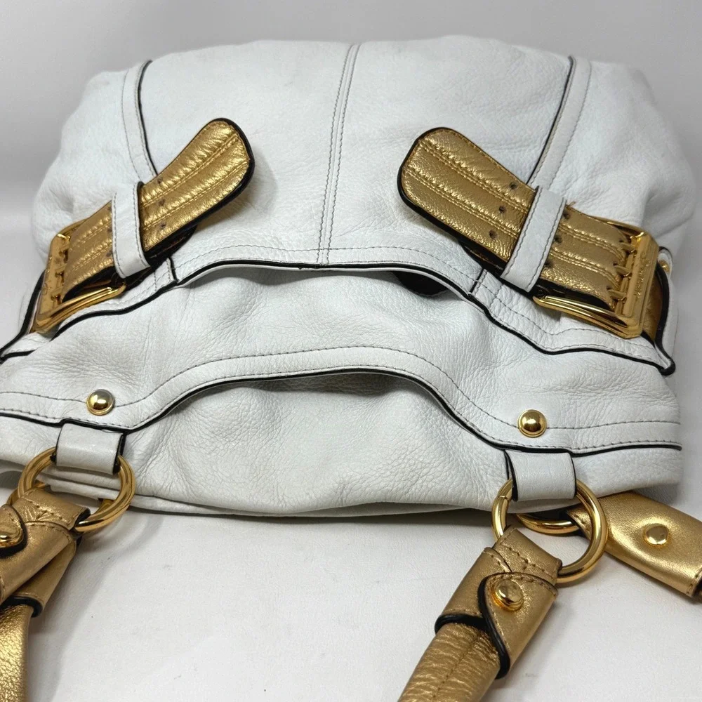 B Makowsky White Leather Hobo Bag Gold‎ Metallic Shoulder Bling Y2K Lux SMOKE